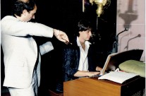 With my father when I was 14, performing at weddings and communions.