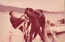 Andres joking with his colleges. At the background you can see Cala Major.